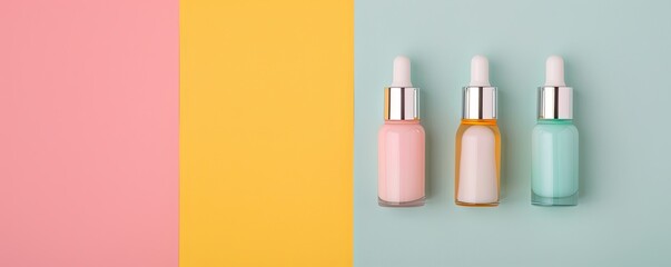 Obraz premium Skincare bottles on the right, bold pastel background, vibrant and playful