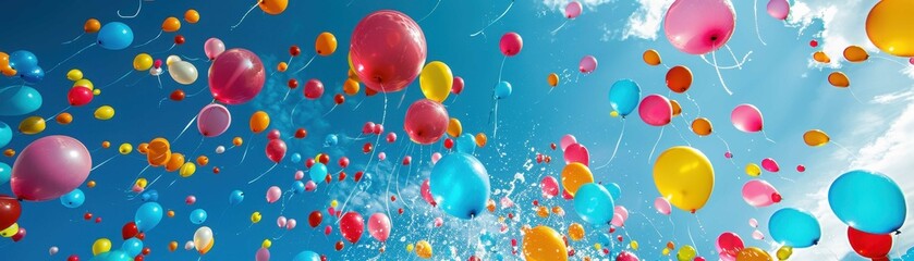 Colorful balloons floating in the blue sky on a bright sunny day, creating a festive and cheerful atmosphere.