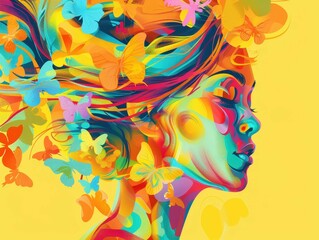 Fototapeta premium Colorful digital painting of a woman with butterflies, using vibrant colors and abstract shapes, symbolizing harmony and creativity.