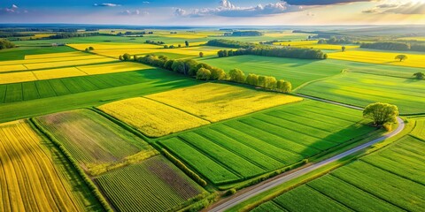 Top down view of lush green and vibrant yellow field in the countryside, scenic, agriculture, farm, rural, landscape