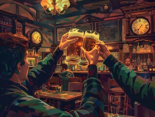 Friends toasting with beer in a cozy bar. Warm lighting and vintage decor create a welcoming ambiance.