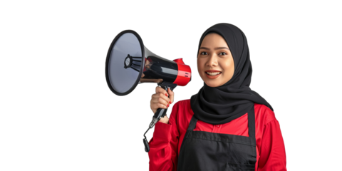 portrait of girl wearing black hijab with a megaphone. Collage in magazine style. Flyer with trendy colors, advertising copy space. Discount, sale season. Information concept. Attention news!