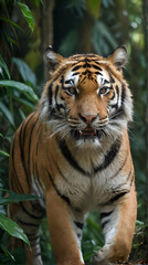 Obraz premium a tiger walking through the jungle with trees in the background