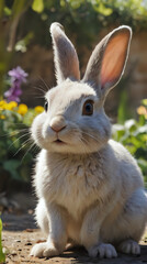 a white rabbit sitting on a rock in the garden