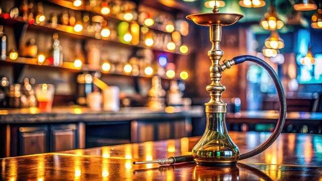 A close up of a hookah on a table in a trendy bar setting , hookah, shisha, pipe, smoke, relaxation, exotic, lounge