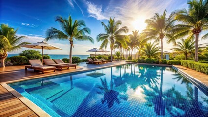 Fototapeta premium Luxurious pool in a tropical resort , vacation, relaxation, luxury, travel, destination, resort, swimming, water