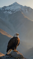 Fototapeta premium a bald eagle sitting on a rock in the mountains