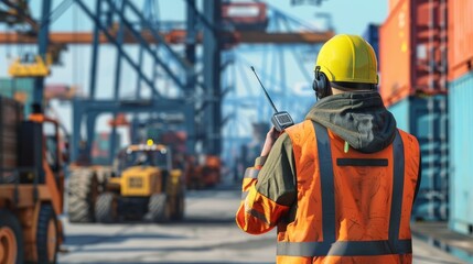 Fototapeta premium Efficient Communication Worker Coordinating Loading Activities at Busy Dock with WalkieTalkie