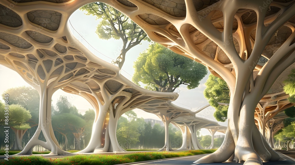 Poster a surreal oncological overpass blending nature's tumorous forms with futuristic architectural struct