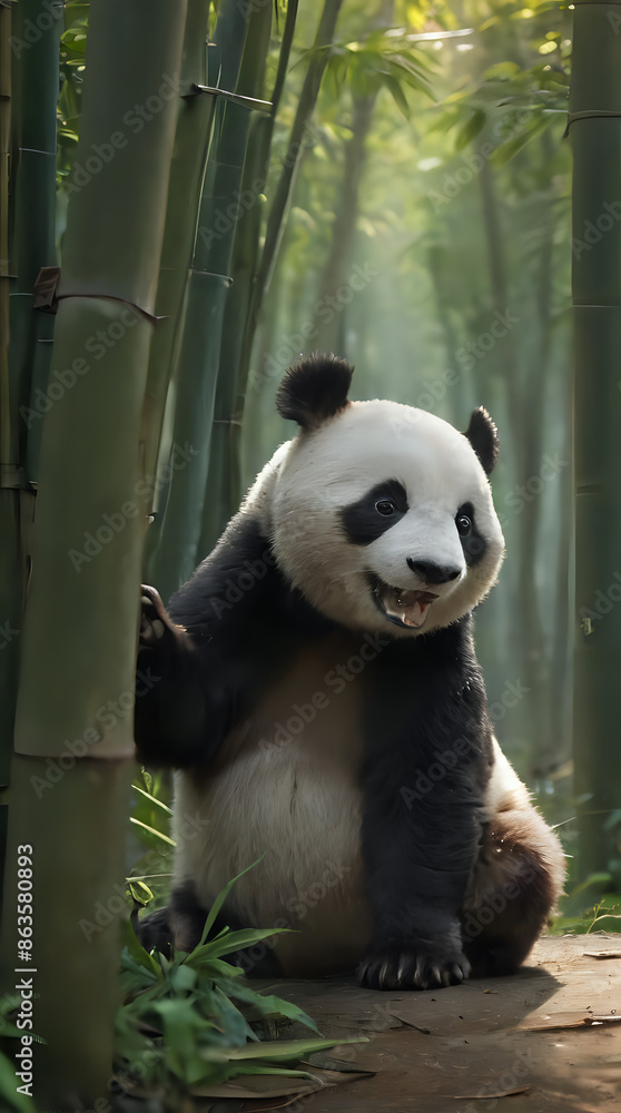 Wall mural panda sitting on the ground in a bamboo forest with its paws up