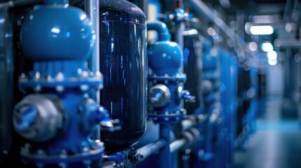Blue industrial piping system with detailed components