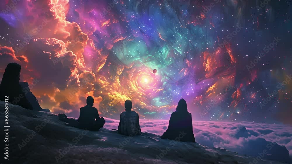 Poster a group of friends gather together for a guided astral projection session eager to explore new dimen