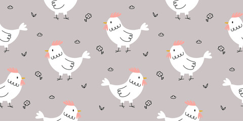 Cute pattern with chicken and doodle flowers