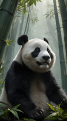 Obraz premium panda bear sitting in the middle of a bamboo forest with green leaves