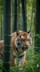 a tiger walking through a bamboo forest with tall green trees