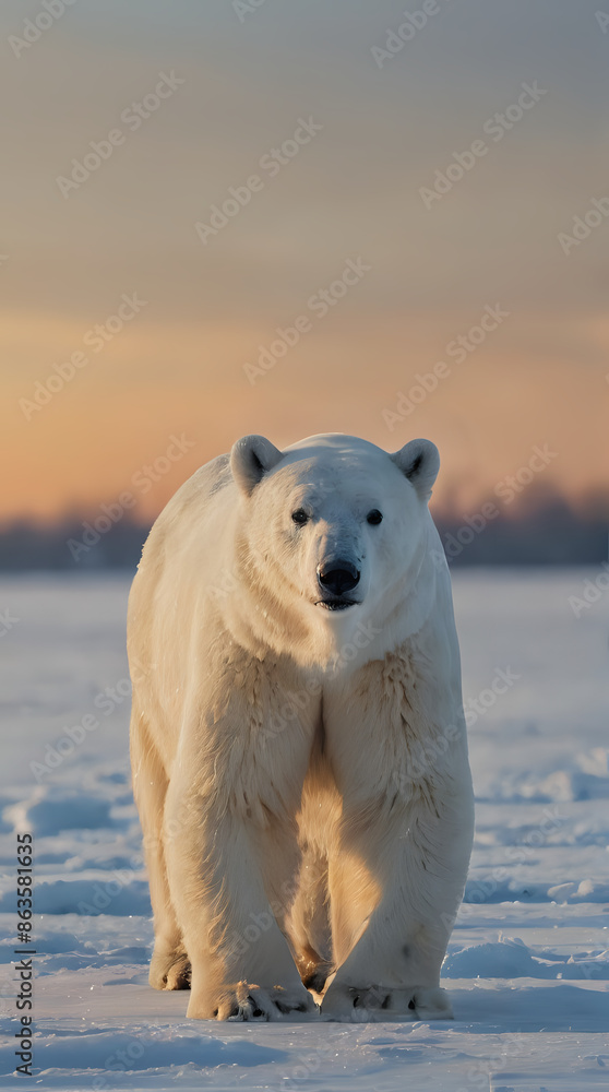 Wall mural a polar bear walking across the snow in the sunset