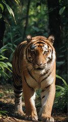 Fototapeta premium a tiger walking in the woods with trees in the background