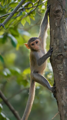 a monkey that is climbing up a tree branch