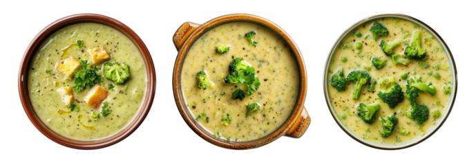 Bowls with broccoli soup isolated on transparent background, top view