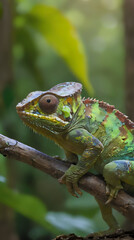 a green and yellow chamelon sitting on a branch