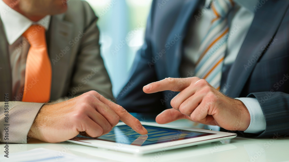 Poster two men are sitting at a table with a tablet in front of them, client consultation concept