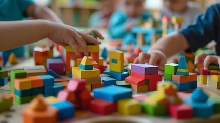 Fototapeta premium Creative Minds Children's Hands Engaging with Educational Wooden Blocks for Learning and Development