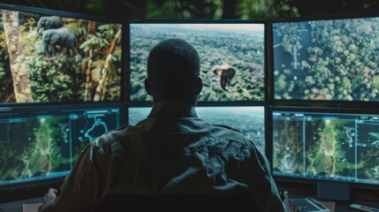 Fototapeta premium Green Guardian Protecting Nature's Balance through Technology Environmental Scientist Monitoring Deforestation and Wildlife Migration Patterns for Conservation Efforts