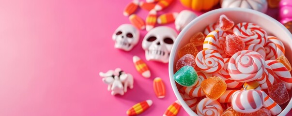 Fototapeta premium Halloween candy flat design top view Halloween party theme 3D render banner Splitcomplementary color scheme