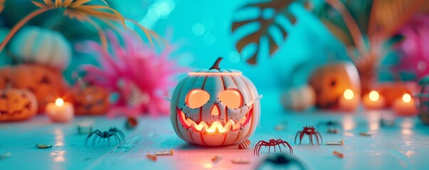 Fototapeta premium Halloween mask flat design front view haunted house theme 3D render Complementary Color Scheme