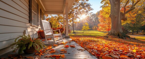 Autumn Morning on a Front Porch With a Rocking Chair