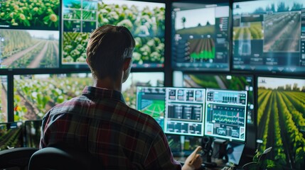 Future Farming Innovative Technology in Agriculture Control Room Monitoring Crop Health and Weather Forecasts on Large Displays