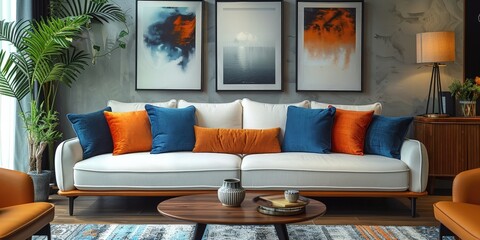 Modern Living Room Interior with White Sofa and Orange Accents