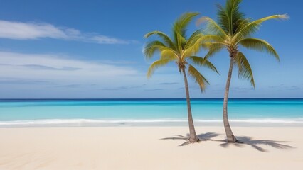 two palm trees sitting next to the ocean on a beach against a blue sky and white clouds