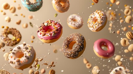 Wholesome Vegan Delights Levitating Iced Doughnuts with Nutty Toppings on Earthy Background