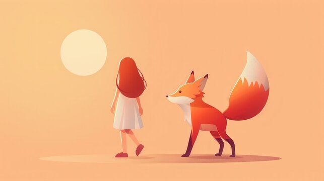 Anime Girl With Fox Tail Flat Design Side View Nature Theme Animation Complementary Color Scheme