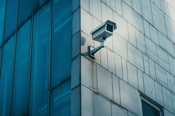 A security camera is mounted on a building