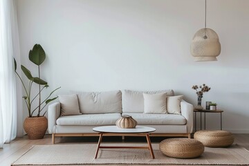 a living room with a white couch and a coffee table