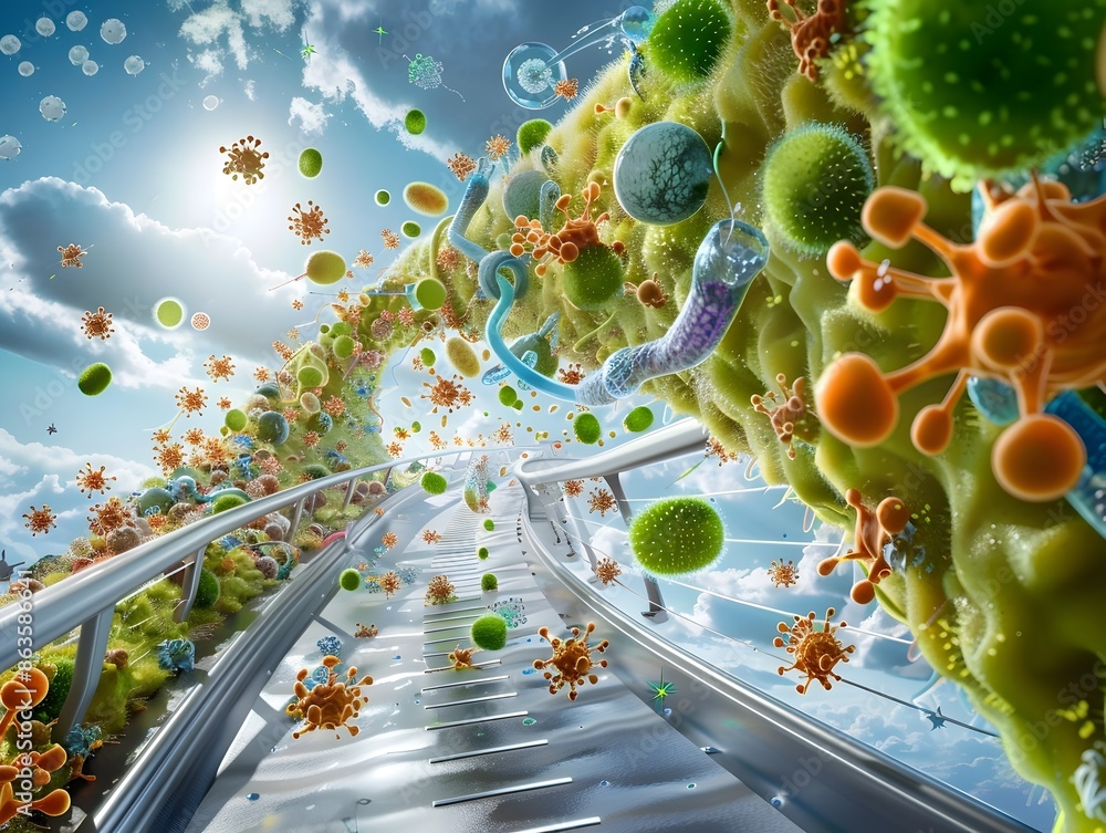 Poster microscopic organisms interacting on exit ramp abstract visualization