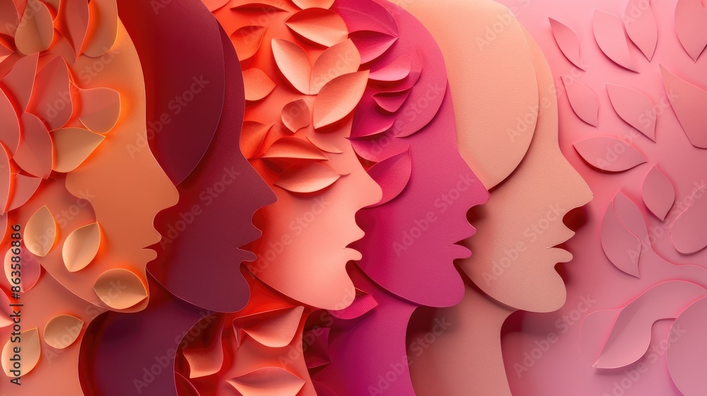 Wall mural women s day celebration with creatively designed colorful paper letters and silhouettes of female pr