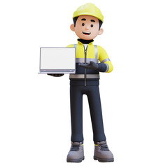 3D Construction Worker Character Presenting on Empty Computer Screen