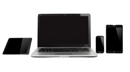 Laptop computer, tablet and mobile phone on transparent background