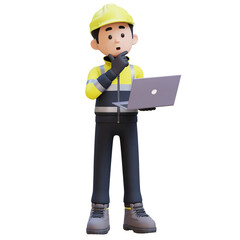 3D Construction Worker Character Thinking While Working on a Laptop