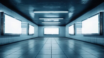 Abstract underground with colorful patterns, empty billboards, dramatic lighting, urban setting