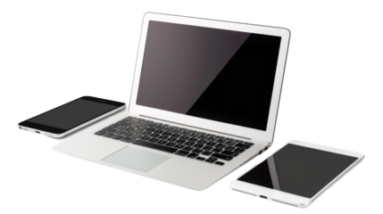 Laptop computer, tablet and mobile phone on transparent background