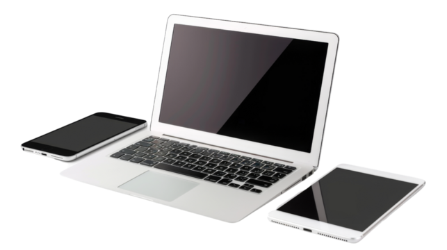 Laptop computer, tablet and mobile phone on transparent background