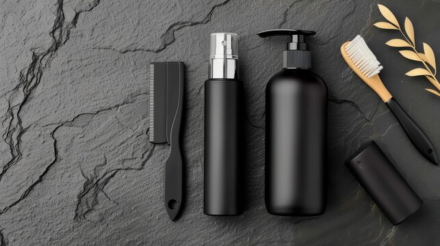 Black cosmetic bottles, men's grooming set, moisturizer, deodorant, razor, stone background, minimalist