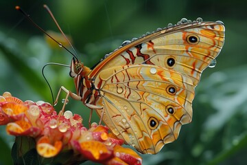 A close-up of a butterfly resting on a rain-soaked flower, its wings adorned with tiny droplets. The vibrant colors of the butterfly's wings are magnified by the droplets, creating
