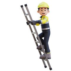 3D Construction Worker Character Climbs the Ladder