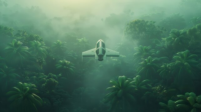 Spacecraft descending onto a lush, alien jungle, vibrant foliage, adventurous scene, futuristic tone, Triadic Color Scheme