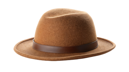 A brown fedora hat, a timeless fashion accessory, sits isolated on a white background
